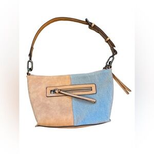 Leather and Denim Adjustable Shoulder Bag with Deul Coloration and Fabric